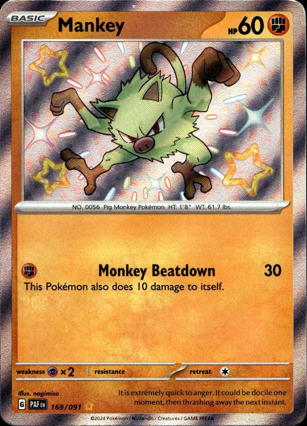 Mankey 169/091 Shiny Rare Paldean Fates Pokemon Near Mint