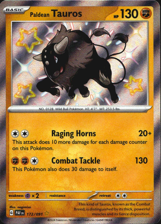 Paldean Tauros 172/091 Shiny Rare Paldean Fates Pokemon Near Mint