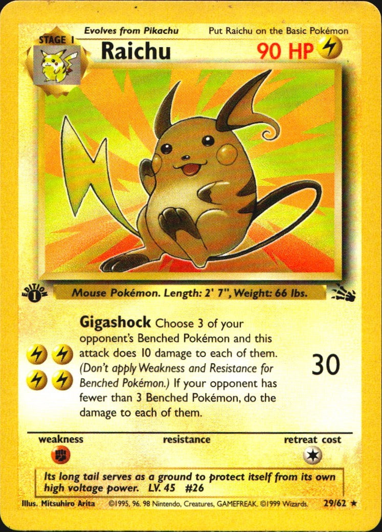 Raichu 29/62 Fossil Rare Pokemon 1st Edition Near Mint
