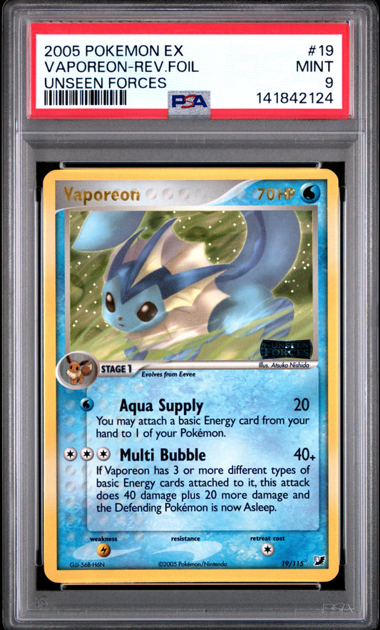 Vaporeon Reverse Holo 19/115 Unseen Forces Pokemon PSA 9