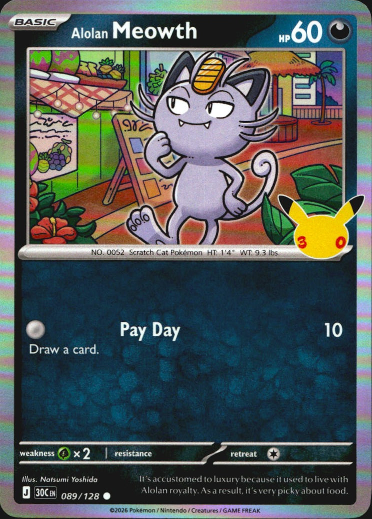 Alolan Meowth 089/128 ME: 30th Celebration Holo Common Pokemon Near Mint