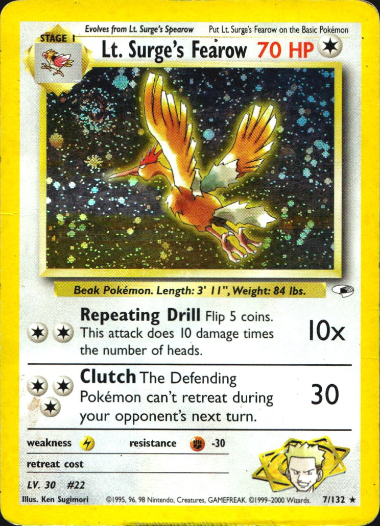 Lt. Surge's Fearow 7/132 Holo Rare Gym Heroes Pokemon Heavily Played