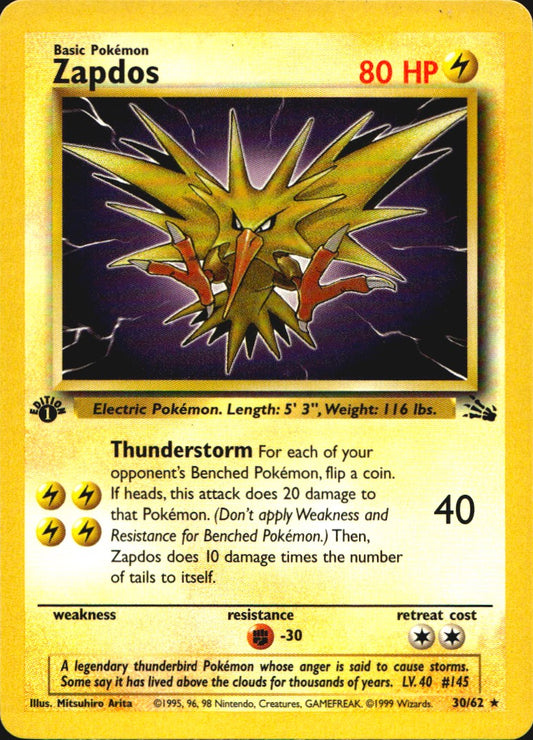 Zapdos 30/62 Fossil Rare Pokemon 1st Edition Near Mint