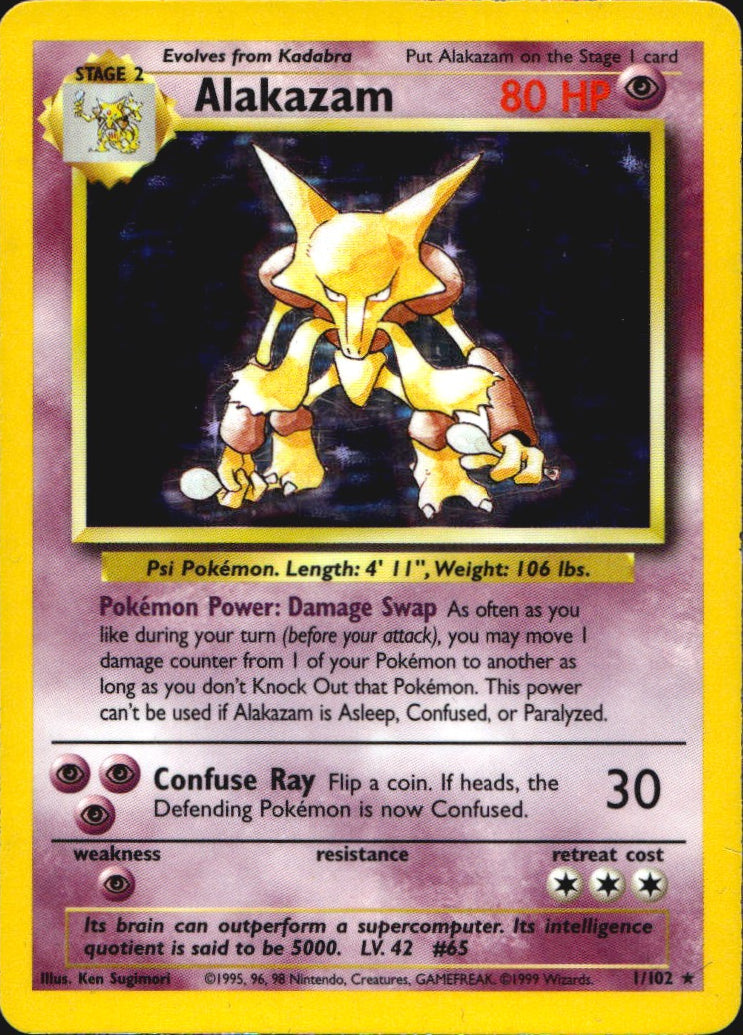 Alakazam 1/102 Holo Rare Base Set Unlimited Pokemon Moderately Played