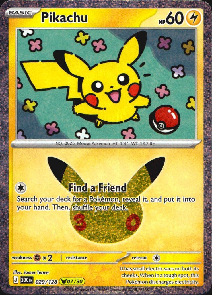 Pikachu 029/128 ME: 30th Celebration Holo Pikachu Rare Pokemon Near Mint