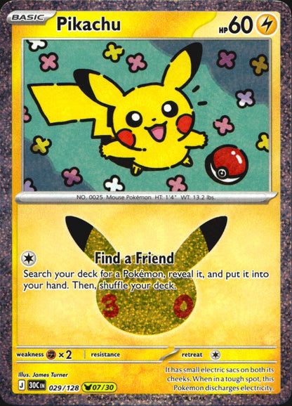 Pikachu 029/128 ME: 30th Celebration Holo Pikachu Rare Pokemon Near Mint