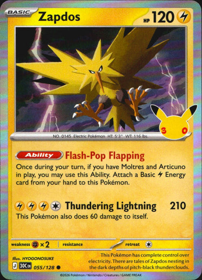Zapdos 055/128 ME: 30th Celebration Common Pokemon Holo Near Mint