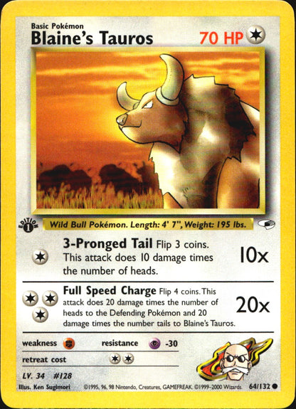 Blaine's Tauros 64/132 Gym Heroes Common Pokemon 1st Edition Near Mint