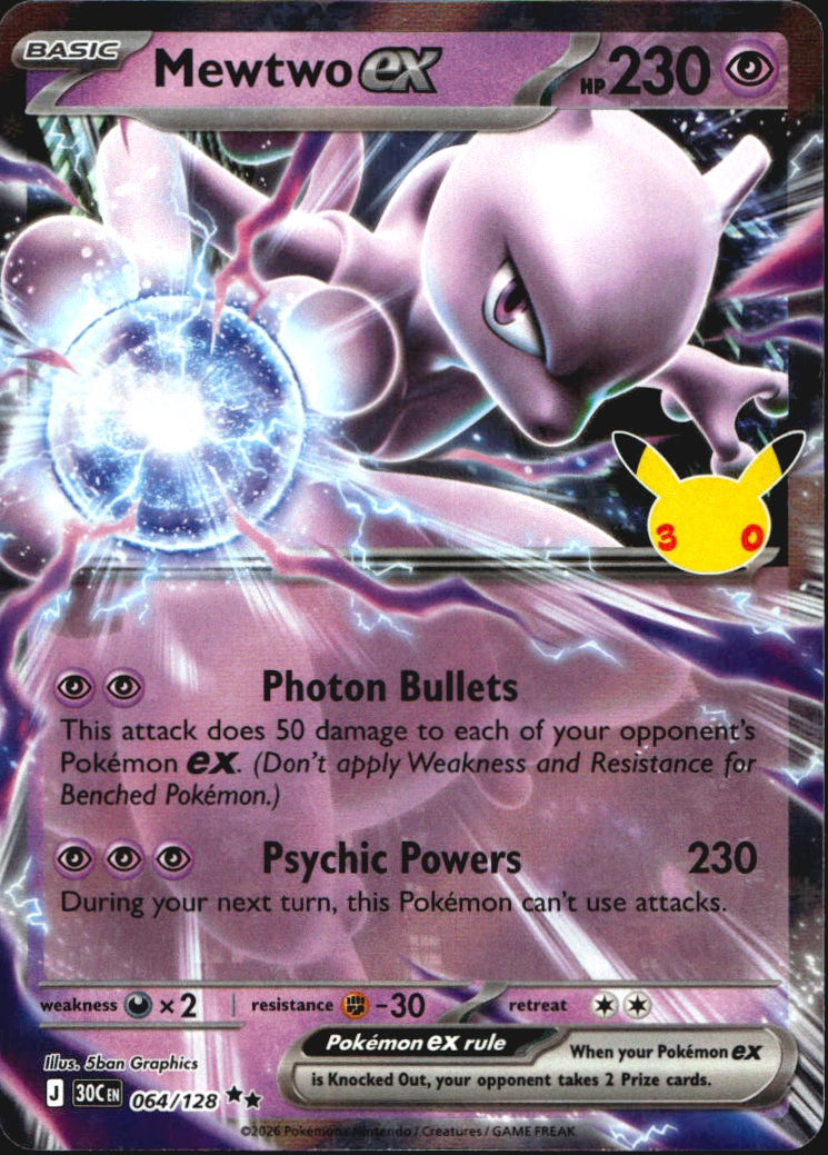 Mewtwo ex 064/128 ME: 30th Celebration Double Rare Pokemon Holo Near Mint