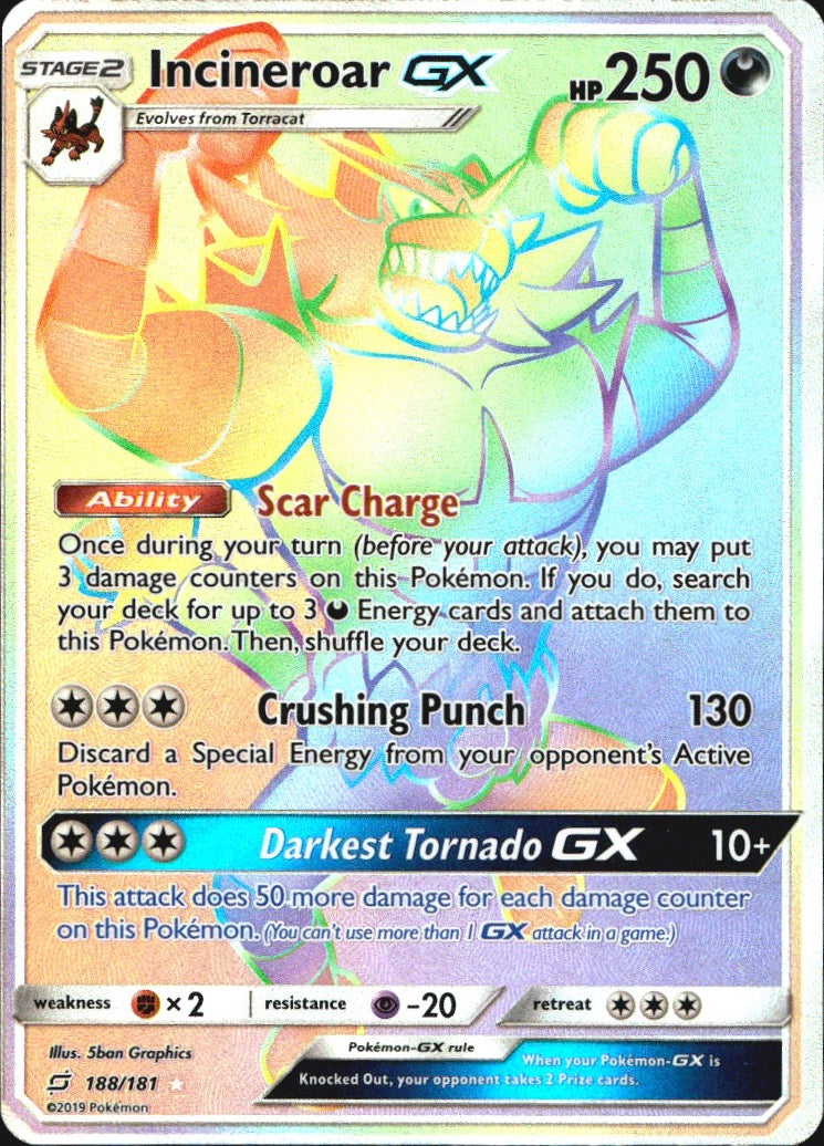 Incineroar GX 188/181 Team Up Rainbow Rare Pokemon Holo Near Mint