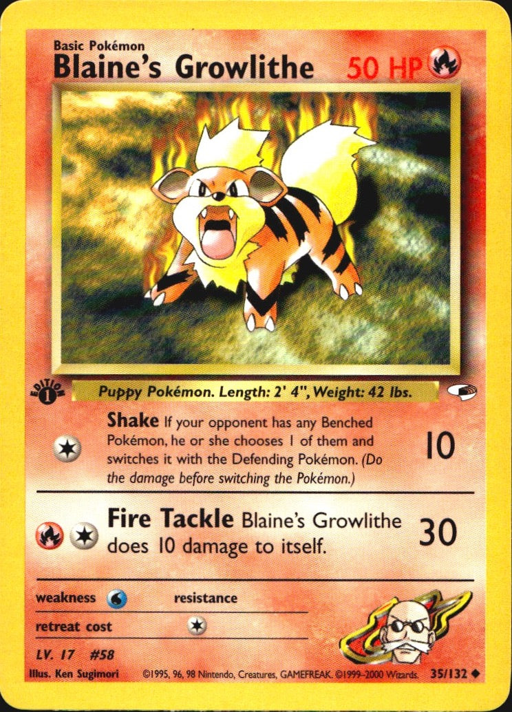Blaine's Growlithe 35/132 Gym Heroes Uncommon Pokemon 1st Edition Near Mint