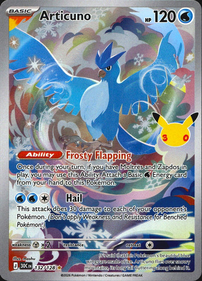 Articuno 132/128 ME: 30th Celebration Illustration Rare Pokemon Holo Near Mint