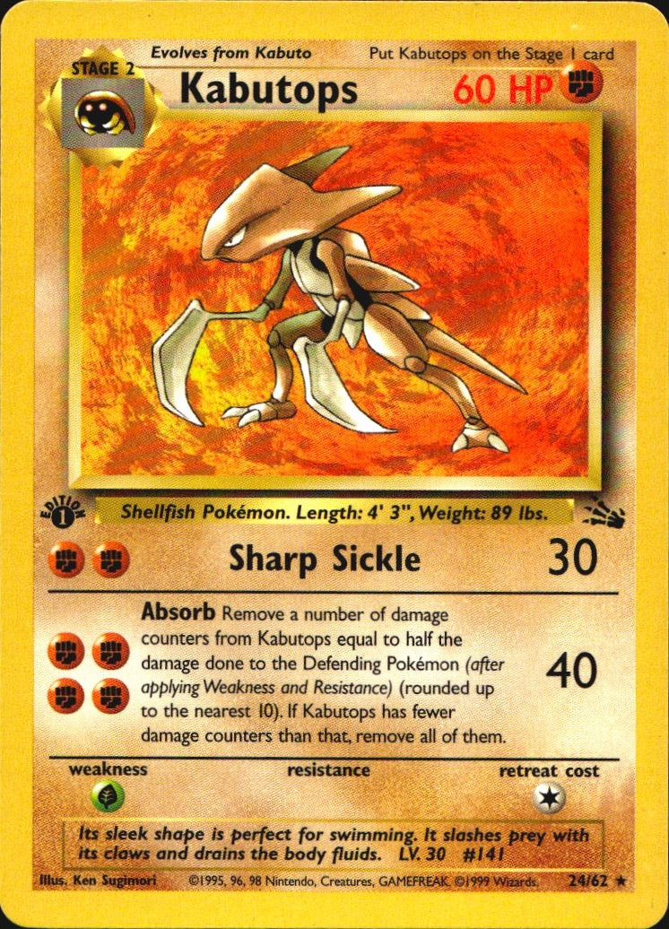 Kabutops 24/62 Fossil Rare Pokemon 1st Edition Near Mint