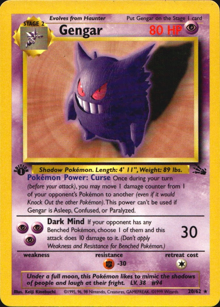 Gengar 20/62 Fossil Rare Pokemon 1st Edition Near Mint