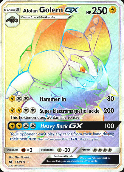 Alolan Golem GX 113/111 Crimson Invasion Rainbow Rare Pokemon Holo Near Mint