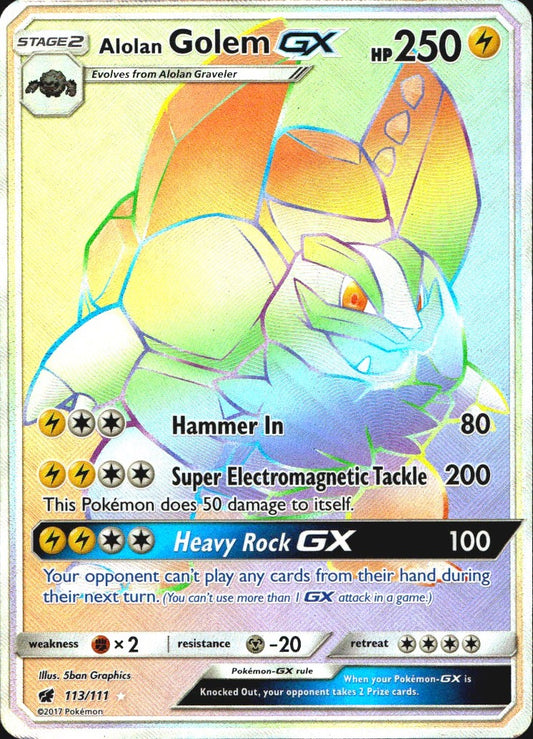 Alolan Golem GX 113/111 Crimson Invasion Rainbow Rare Pokemon Holo Near Mint