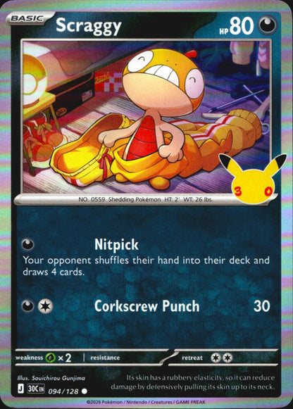 Scraggy 094/128 ME: 30th Celebration Common Pokemon Holo Near Mint