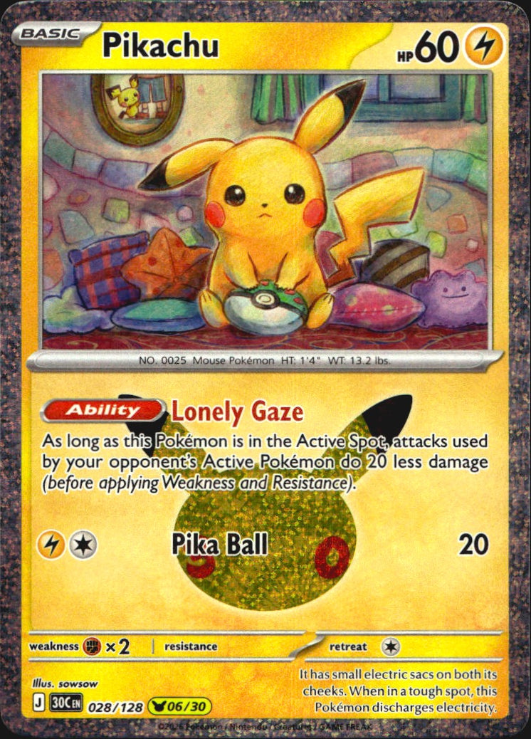 Pikachu 028/128 ME: 30th Celebration Holo Pikachu Rare Pokemon Near Mint