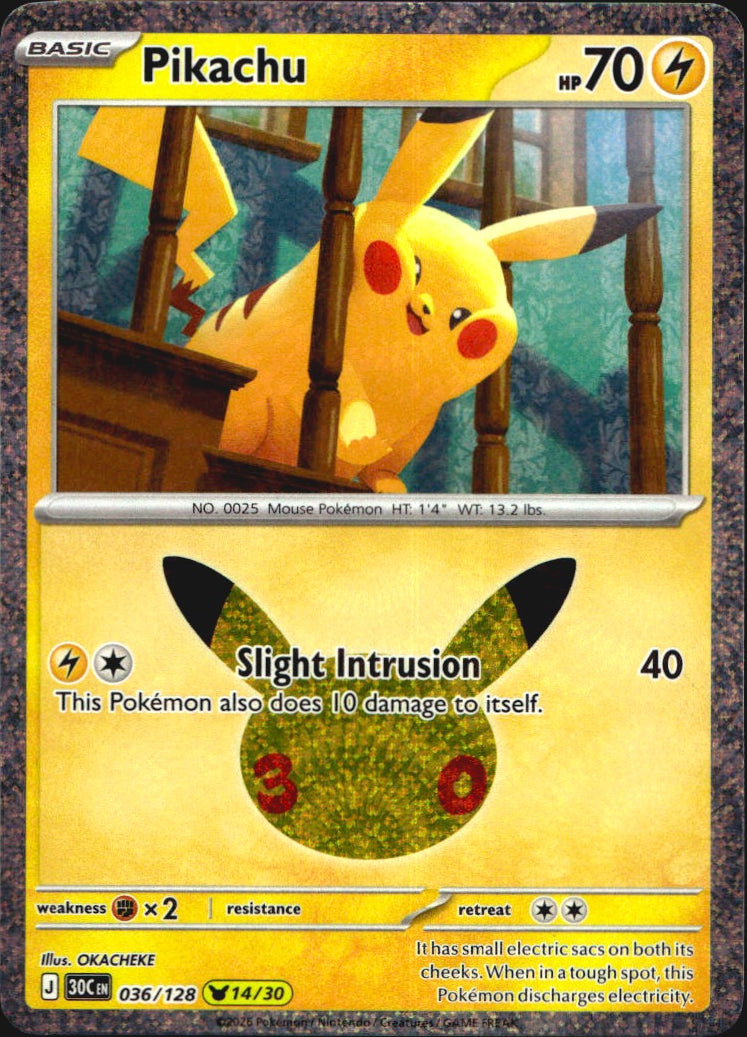 Pikachu 036/128 ME: 30th Celebration Holo Pikachu Rare Pokemon Near Mint