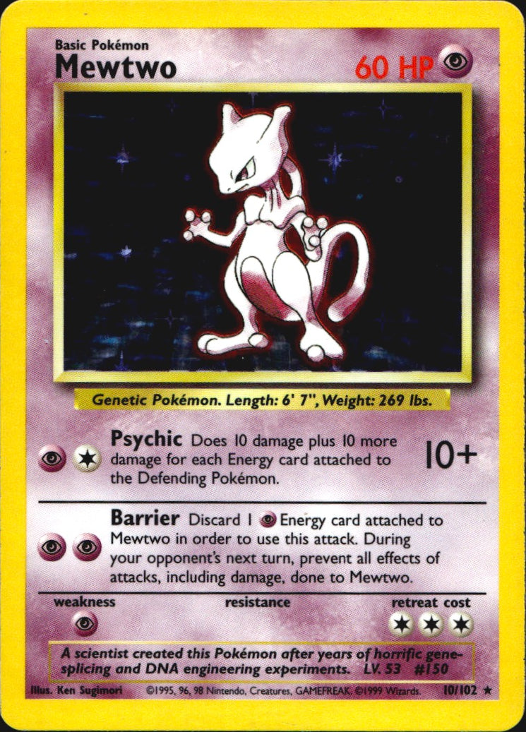 Mewtwo 10/102 Holo Rare Base Set Unlimited Pokemon Lightly Played