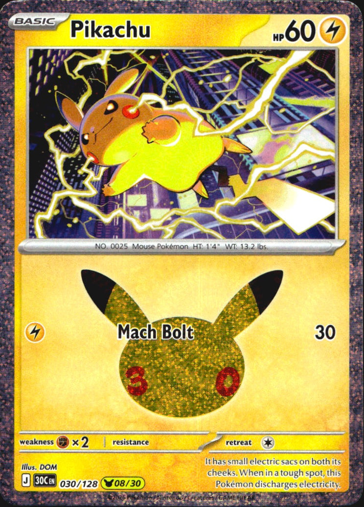 Pikachu 030/128 ME: 30th Celebration Holo Pikachu Rare Pokemon Near Mint