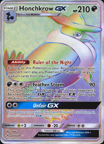 Honchkrow GX 223/214 Unbroken Bonds Rainbow Rare Pokemon Holo Near Mint