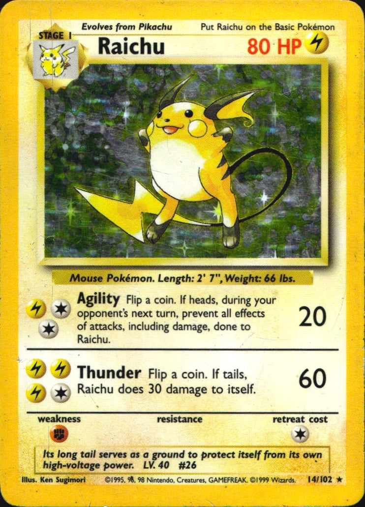 Raichu 14/102 Holo Holo Rare Base Set Unlimited Pokemon Heavily Played