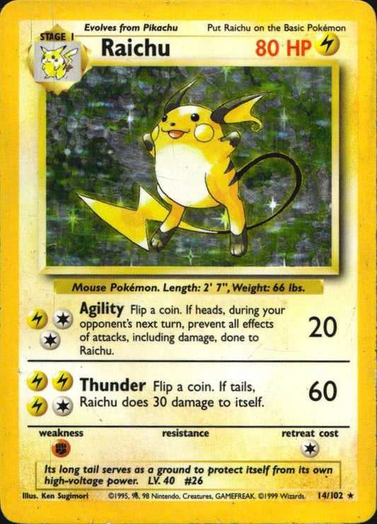 Raichu 14/102 Holo Holo Rare Base Set Unlimited Pokemon Heavily Played