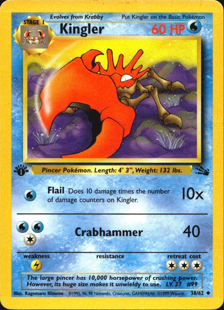 Kingler 38/62 Fossil Uncommon Pokemon 1st Edition Moderately Played