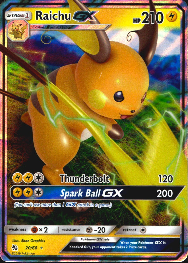 Raichu GX 20/68 Hidden Fates Holo GX Rare Pokemon Near Mint