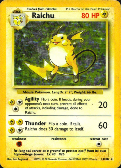 Raichu 14/102 Base Set Unlimited Holo Rare Pokemon Damaged