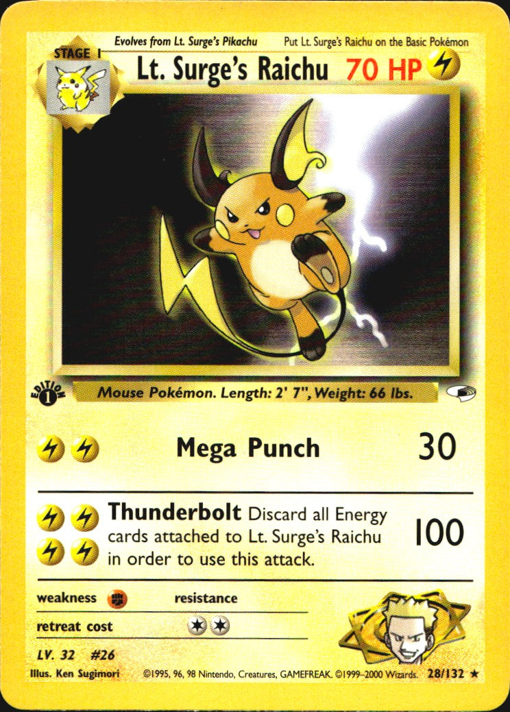 Lt. Surge's Raichu 28/132 Gym Heroes Rare Pokemon 1st Edition Near Mint