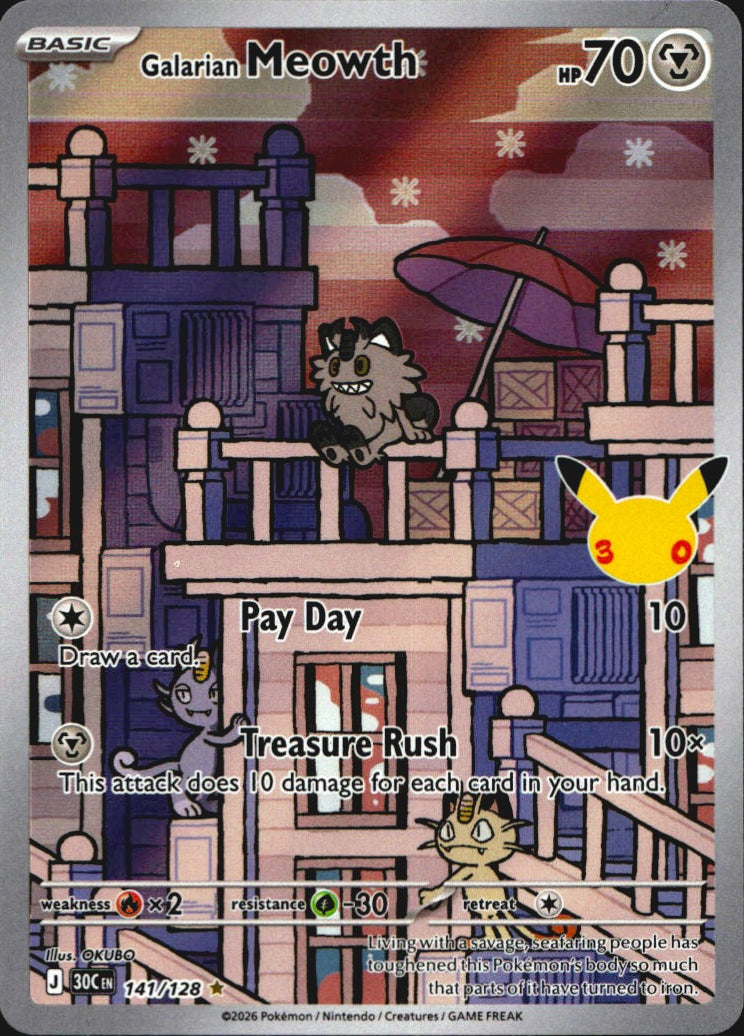 Galarian Meowth 141/128 ME: 30th Celebration Illustration Rare Pokemon Holo NM