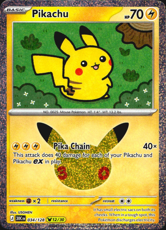 Pikachu 034/128 ME: 30th Celebration Holo Pikachu Rare Pokemon Near Mint
