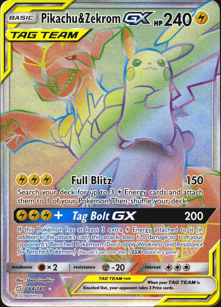 Pikachu & Zekrom GX 184/181 Rainbow Rare Team Up Pokemon Near Mint