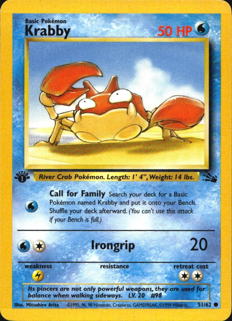 Krabby 51/62 Fossil Common Pokemon 1st Edition Near Mint