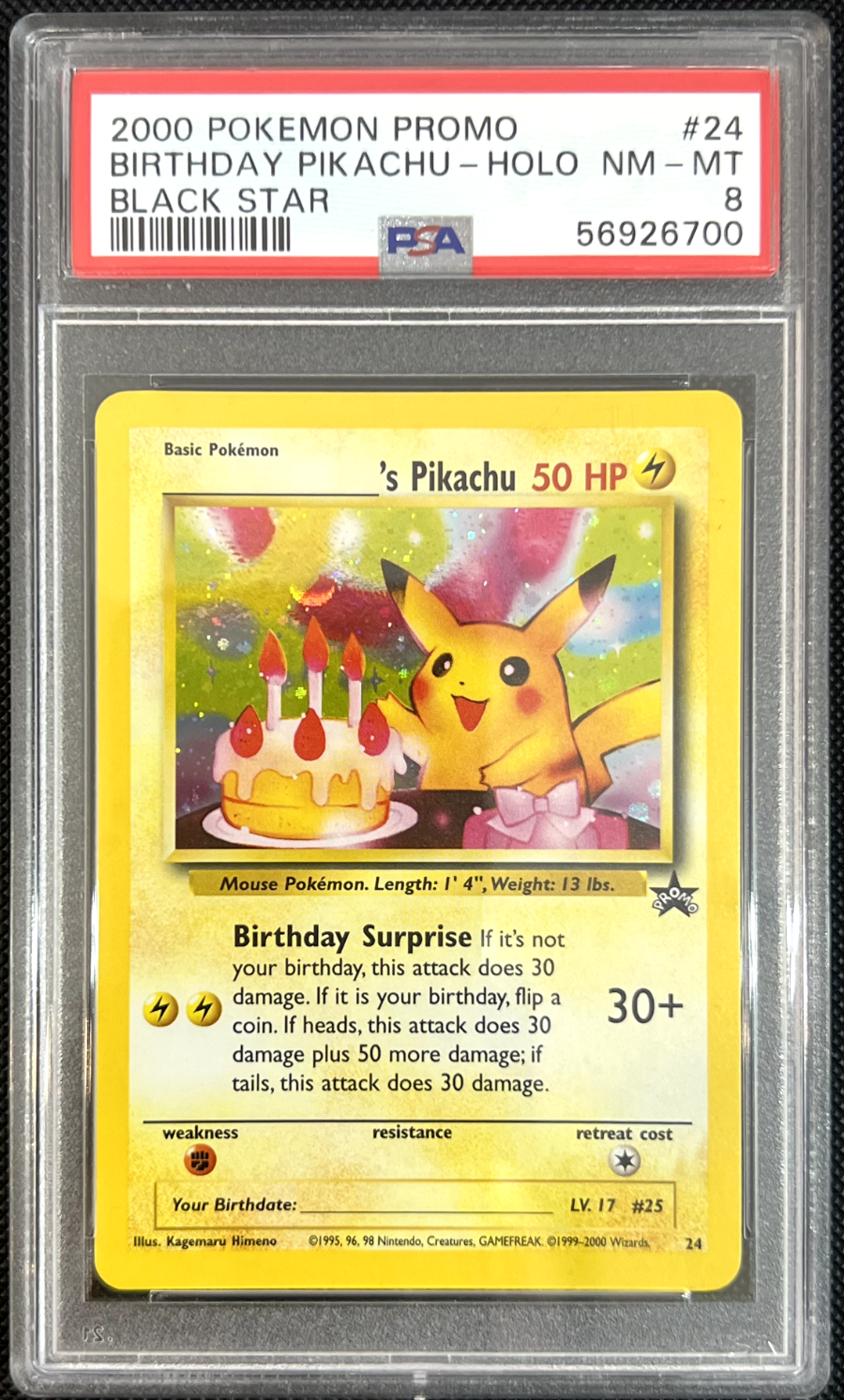 Pokemon Birthday Pikachu Black Star Promo 24 Holo PSA 8 NM-MINT ASBIN1