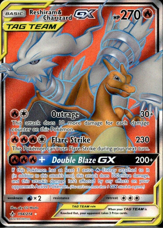 Pokemon Reshiram & Charizard GX 194/214 S&M Unbroken Bonds Near Mint Condition