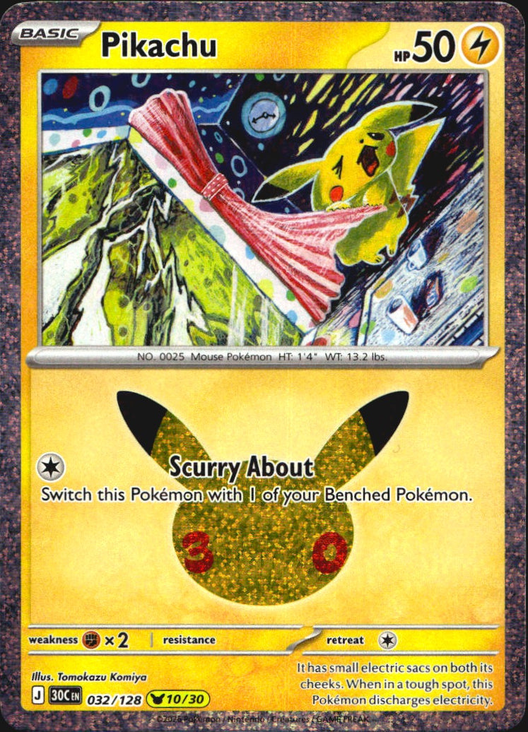 Pikachu 032/128 ME: 30th Celebration Holo Pikachu Rare Pokemon Near Mint