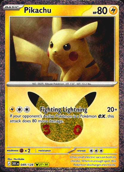 Pikachu 049/128 ME: 30th Celebration Holo Pikachu Rare Pokemon Near Mint