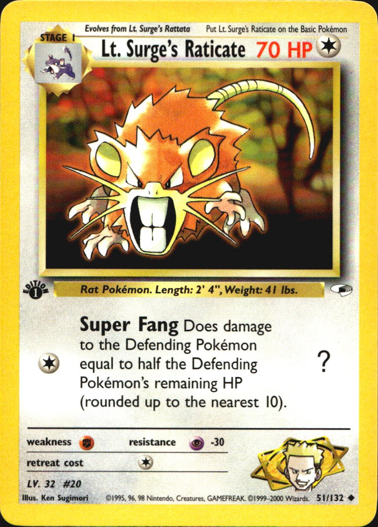 Lt. Surge's Raticate 51/132 Gym Heroes Uncommon Pokemon 1st Edition Near Mint