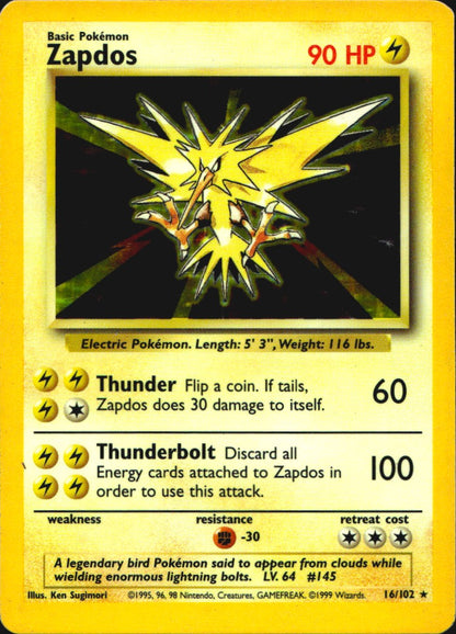 Zapdos 16/102 Holo Rare Base Set Unlimited Pokemon Moderately Played