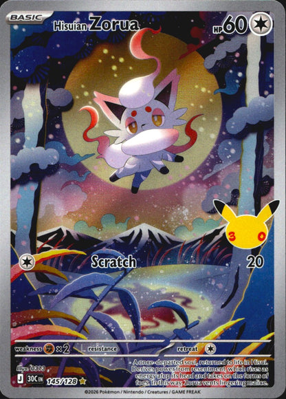 Hisuian Zorua 145/128 ME: 30th Celebration Holo Illustration Rare Pokemon NM