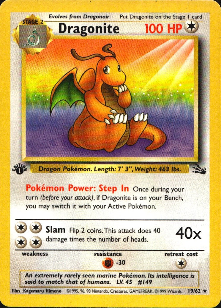 Dragonite 19/62 Fossil Rare Pokemon 1st Edition Near Mint