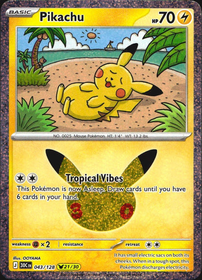 Pikachu 043/128 ME: 30th Celebration Holo Pikachu Rare Pokemon Near Mint