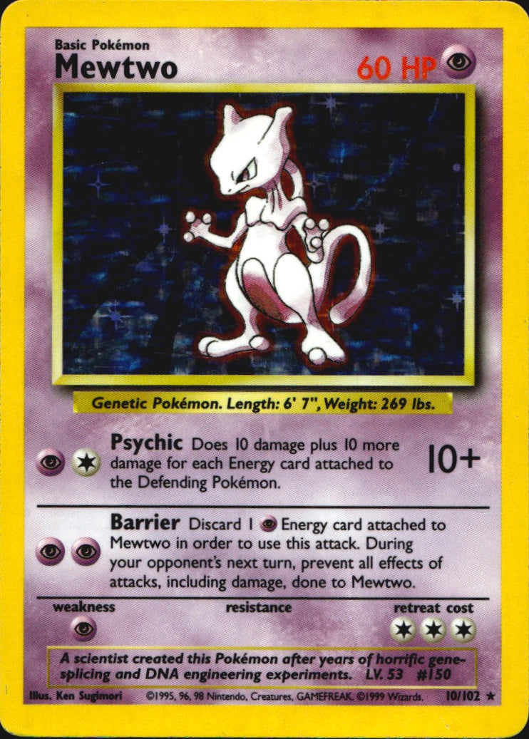Mewtwo 10/102 Base Set Unlimited Holo Rare Pokemon Moderately Played