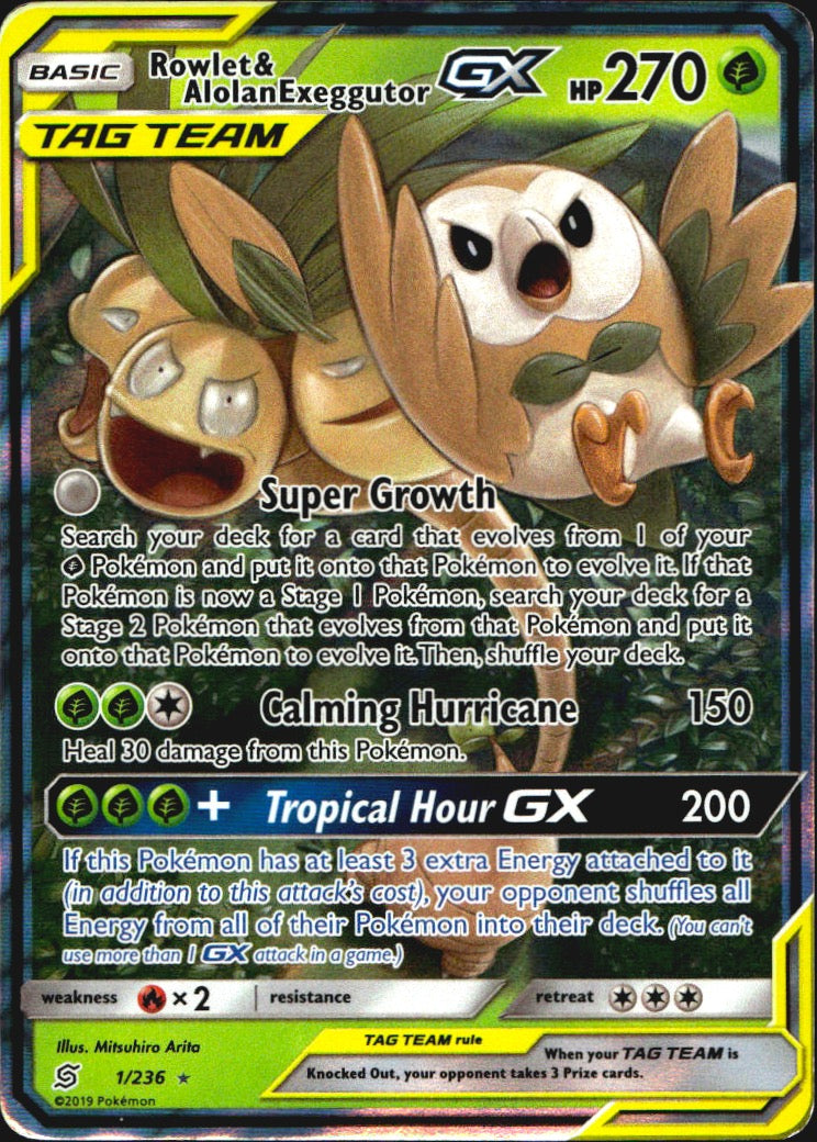 Rowlet & Alolan Exeggutor GX 1/236 Unified Minds Holo GX Rare Pokemon Near Mint