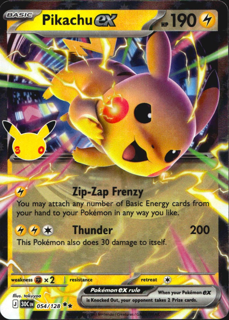 Pikachu ex 054/128 ME: 30th Celebration Holo Double Rare Pokemon Near Mint