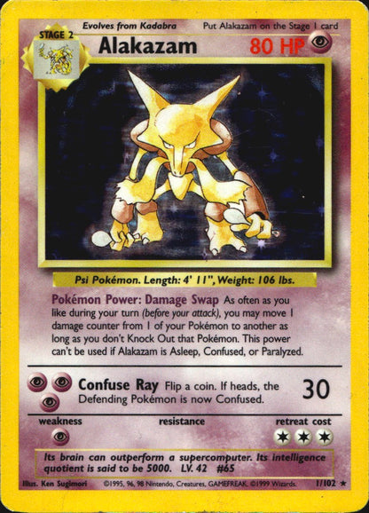 Alakazam 1/102 Holo Rare Base Set Unlimited Pokemon Moderately Played
