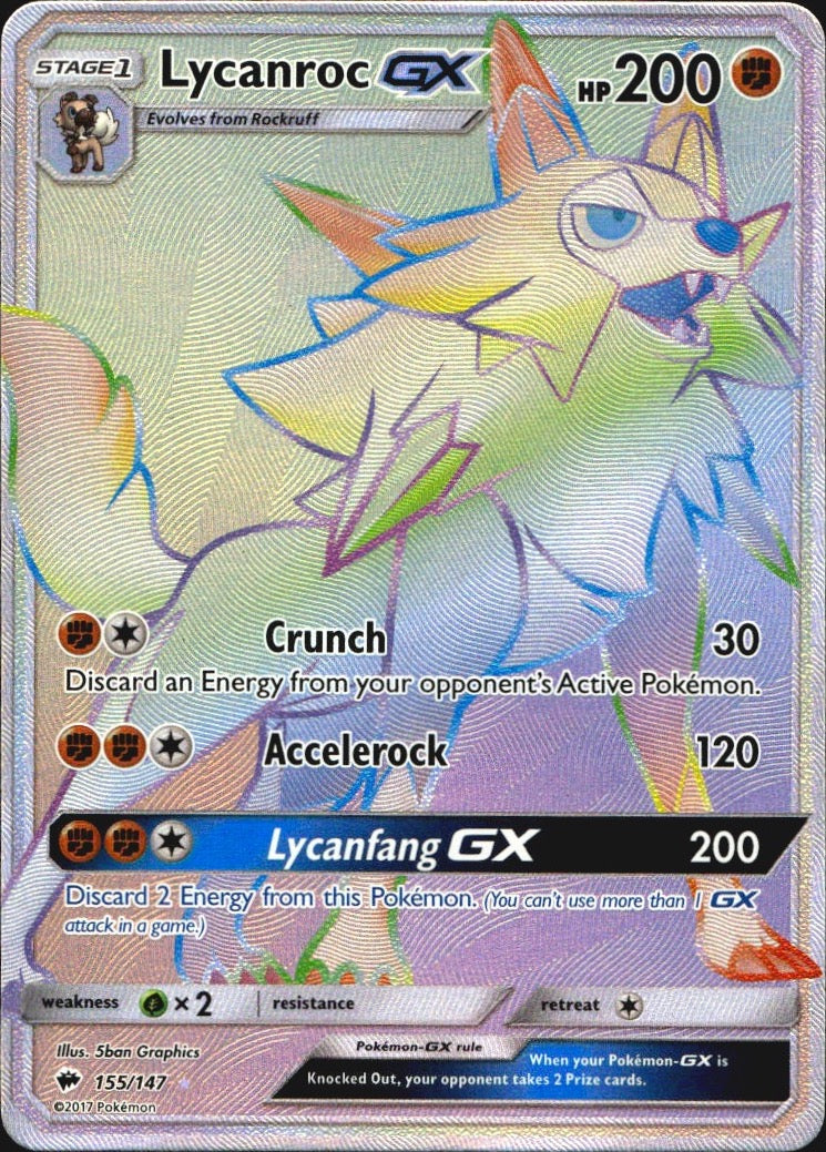 Lycanroc GX 155/147 Burning Shadows Rainbow Rare Pokemon Holo Near Mint
